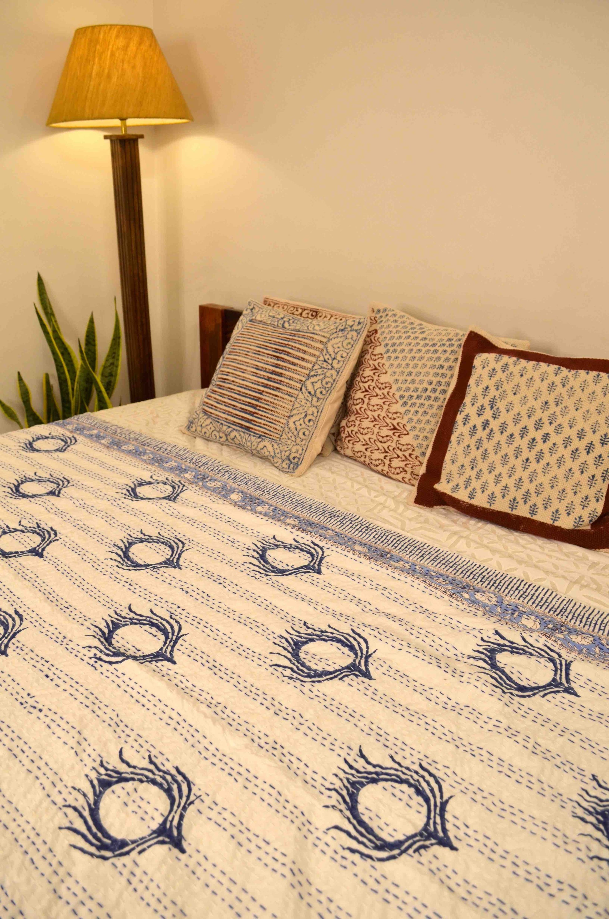 Floral Motifs Double Bed Queen Hand Embroidered Bedspread/ Dohar - Nakhrro