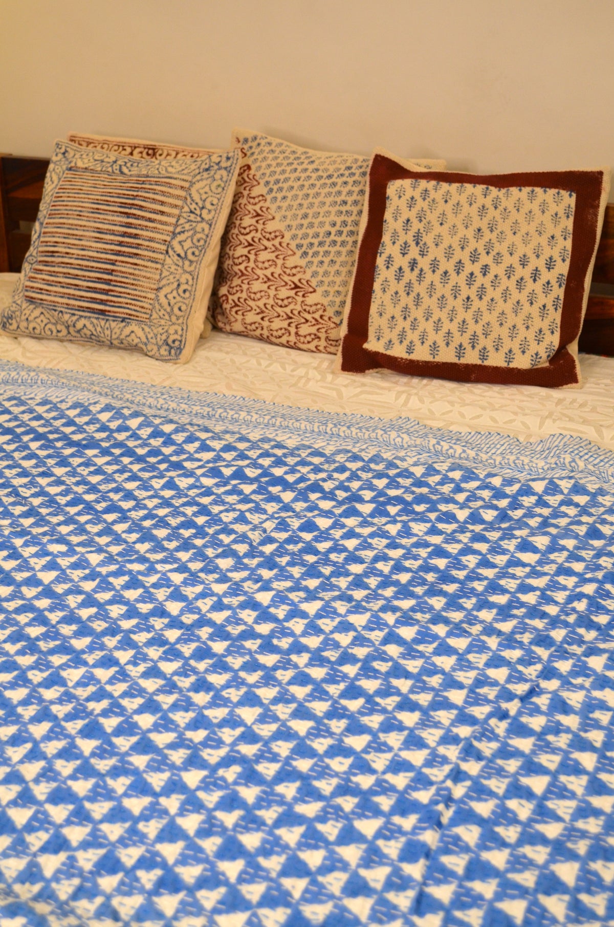 Blue Triangle Geometric Double Bed Queen Hand Embroidered Bedspread/ Dohar - Nakhrro