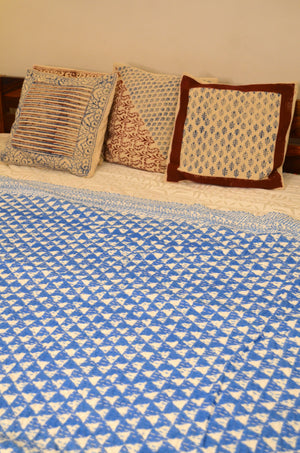 Blue Triangle Geometric Double Bed Queen Hand Embroidered Bedspread/ Dohar - Nakhrro