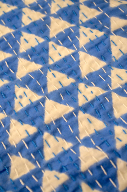 Blue Triangle Geometric Double Bed Queen Hand Embroidered Bedspread/ Dohar - Nakhrro