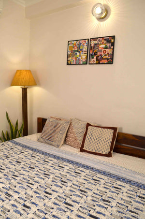 Blue Fishes Hand Block Print Double Bed Queen Hand Embroidered Bedspread/ Dohar - Nakhrro