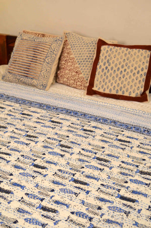 Blue Fishes Hand Block Print Double Bed Queen Hand Embroidered Bedspread/ Dohar - Nakhrro