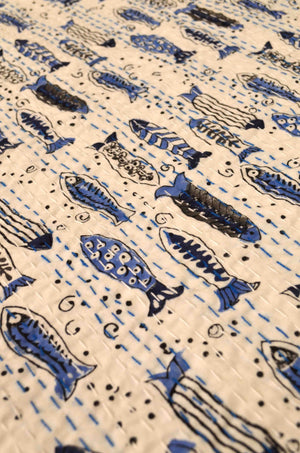 Blue Fishes Hand Block Print Double Bed Queen Hand Embroidered Bedspread/ Dohar - Nakhrro