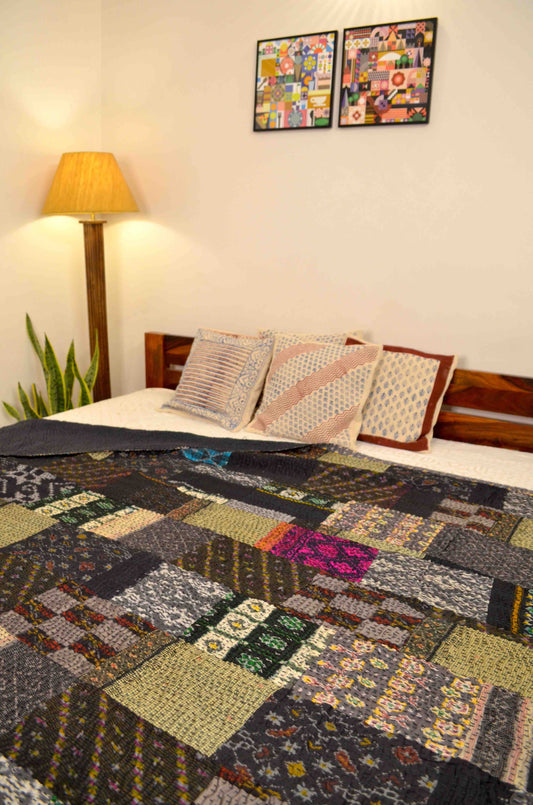 Black Patchwork Hand Embroidered Silk Bedspread - Nakhrro