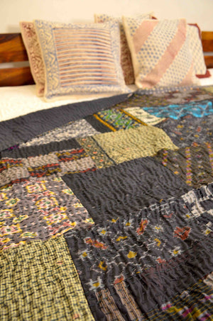 Black Patchwork Hand Embroidered Silk Bedspread - Nakhrro