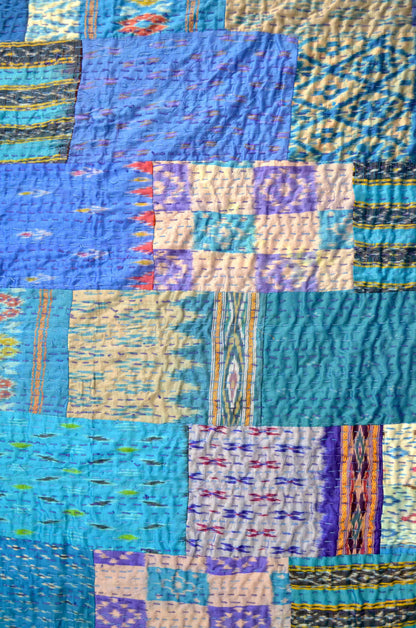 Turquoise Blue Patchwork Hand Embroidered Silk Bedspread - Nakhrro