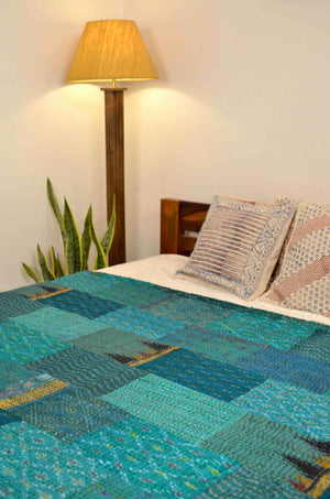 Shades Of Teal Patchwork Hand Embroidered Silk Bedspread - Nakhrro