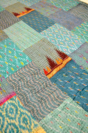 Shades Of Teal Patchwork Hand Embroidered Silk Bedspread - Nakhrro
