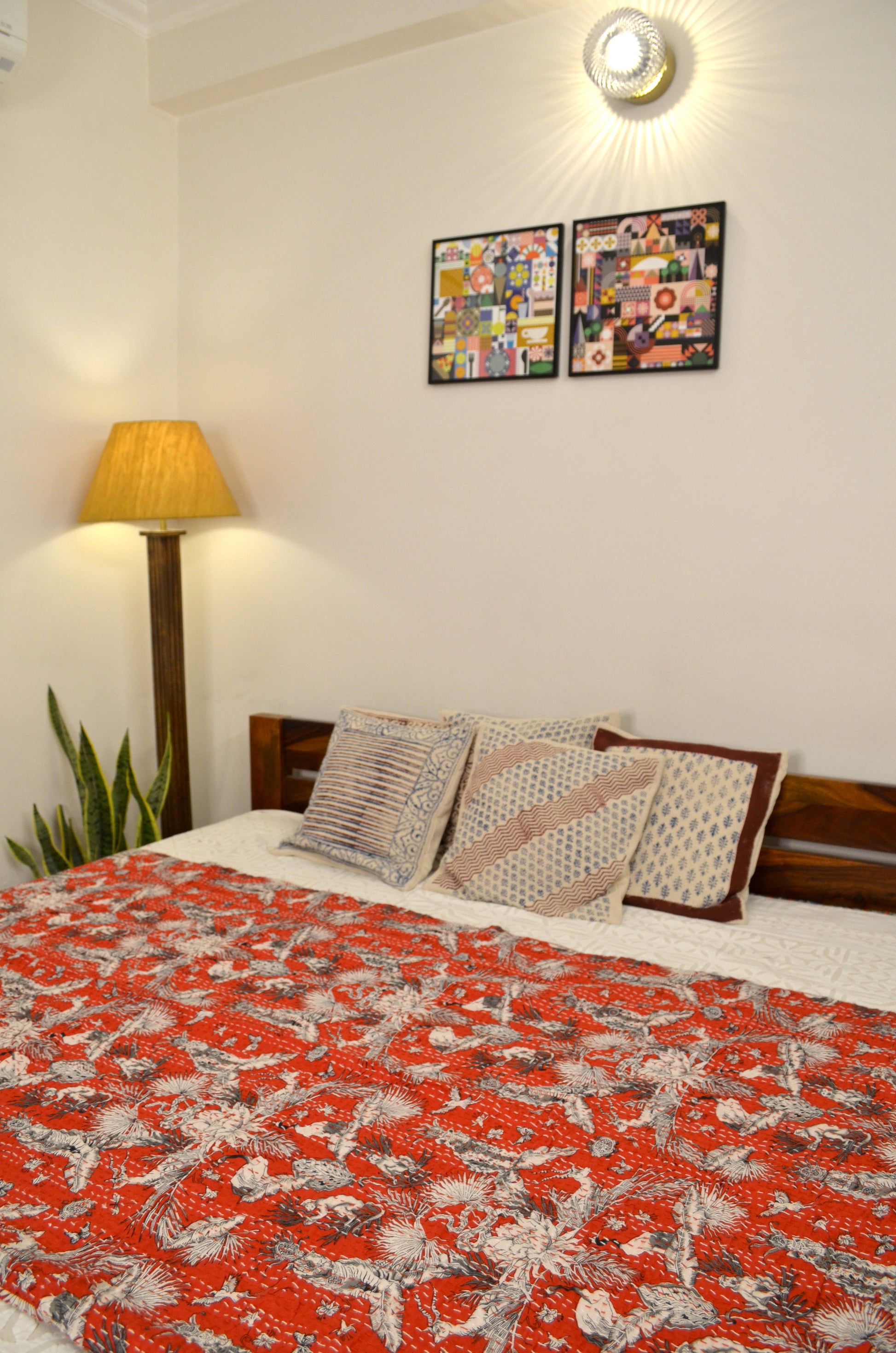 Red Jungle Themed Double Bed Queen Hand Embroidered Bedspread/ Dohar - Nakhrro