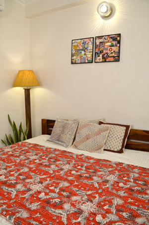 Red Jungle Themed Double Bed Queen Hand Embroidered Bedspread/ Dohar - Nakhrro
