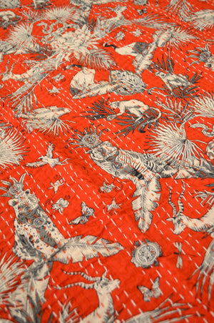 Red Jungle Themed Double Bed Queen Hand Embroidered Bedspread/ Dohar - Nakhrro