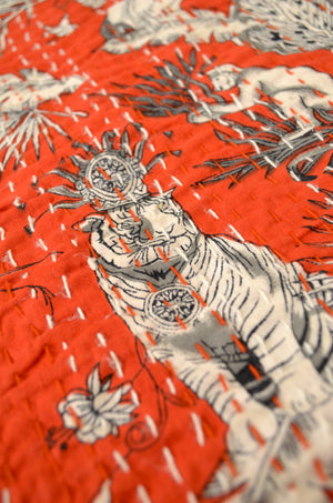 Red Jungle Themed Double Bed Queen Hand Embroidered Bedspread/ Dohar - Nakhrro
