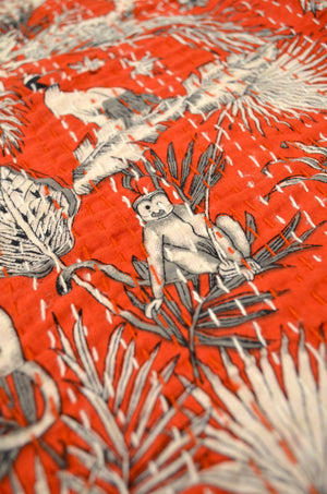 Red Jungle Themed Double Bed Queen Hand Embroidered Bedspread/ Dohar - Nakhrro