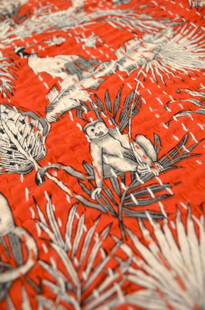 Red Jungle Themed Double Bed Queen Hand Embroidered Bedspread/ Dohar - Nakhrro