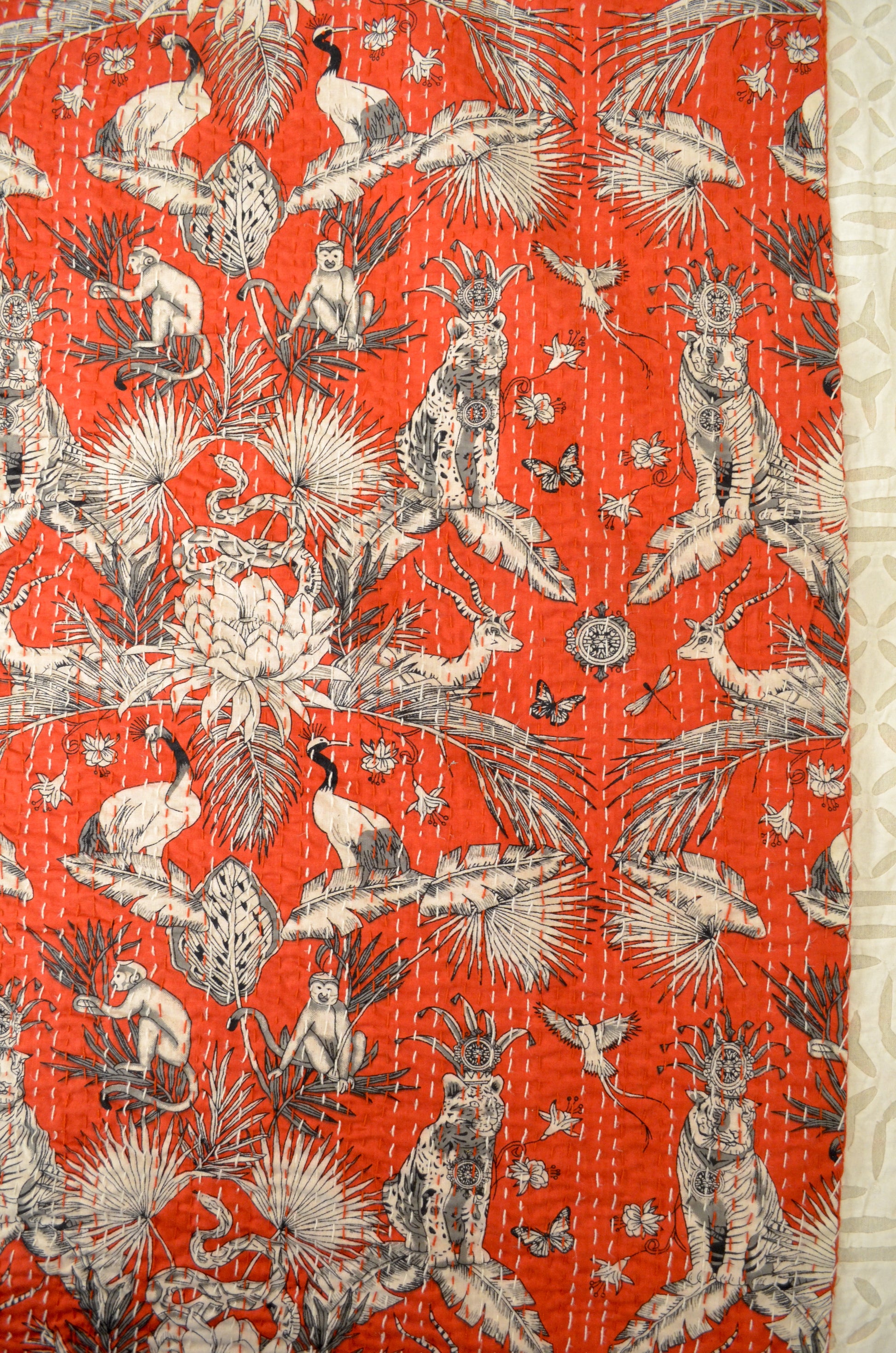 Red Jungle Themed Double Bed Queen Hand Embroidered Bedspread/ Dohar - Nakhrro