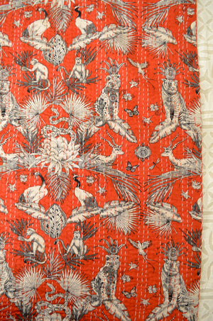 Red Jungle Themed Double Bed Queen Hand Embroidered Bedspread/ Dohar - Nakhrro