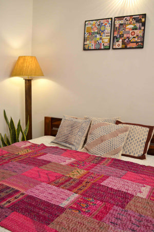 Shades Of Pink Patchwork Hand Embroidered Silk Bedspread - Nakhrro