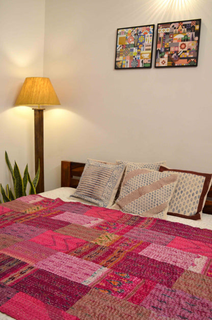 Shades Of Pink Patchwork Hand Embroidered Silk Bedspread - Nakhrro