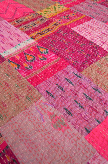 Shades Of Pink Patchwork Hand Embroidered Silk Bedspread - Nakhrro