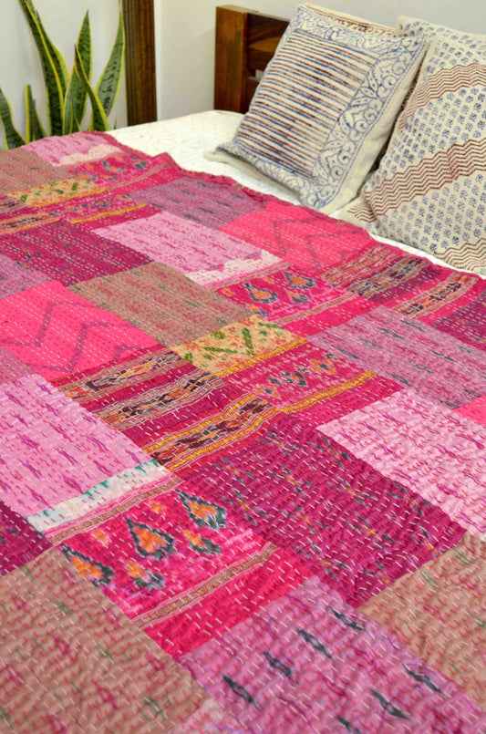 Shades Of Pink Patchwork Hand Embroidered Silk Bedspread - Nakhrro