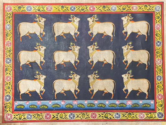 Blue Kamdhenu Cow Contemporary Pichwai Antique Finish - Nakhrro
