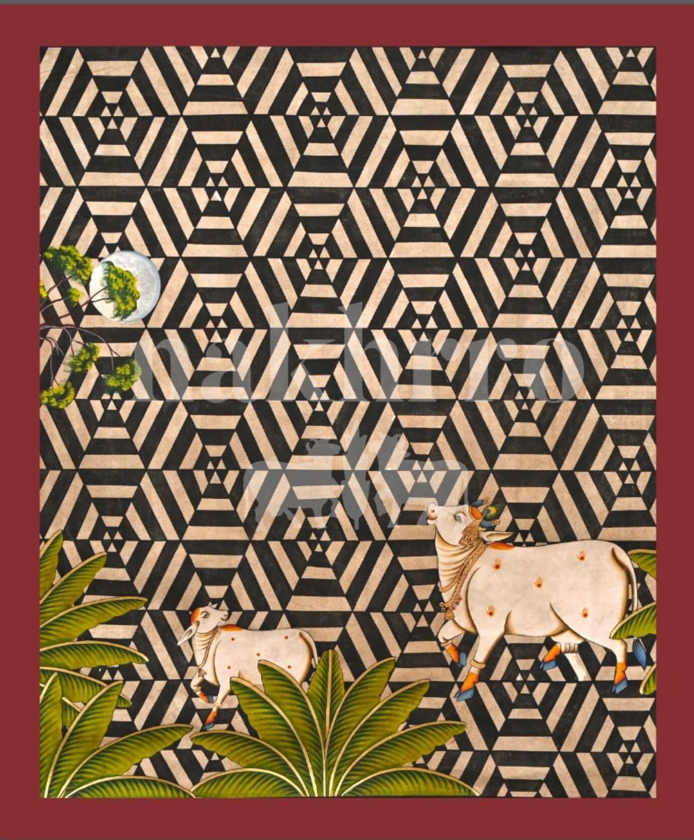 Kamdhenu & Calf in Hexagonal Grid — Geometric Contemporary Pichwai Art Print