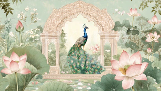 Peacock Lotus Arch Museum-Grade Art Print | Indian Palace Garden Art