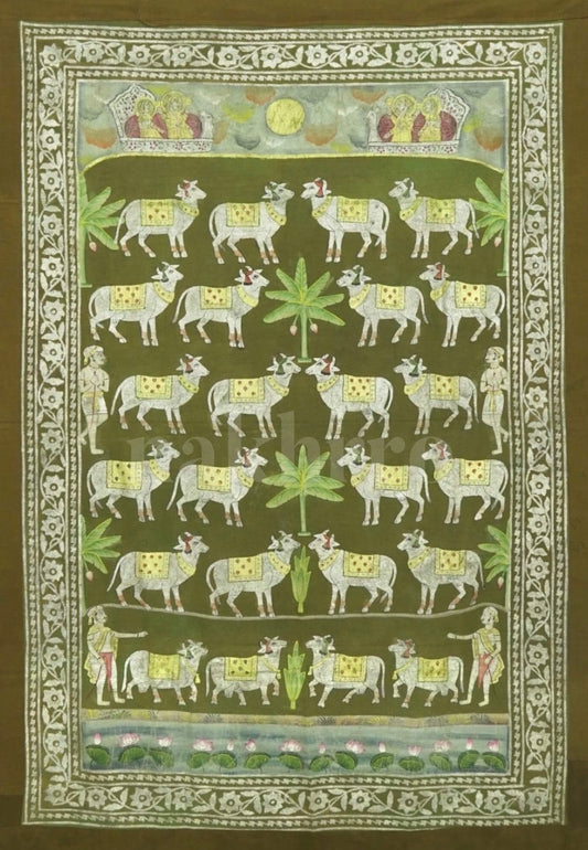 Green Deccan Style Tree Of Life With Cows Pichwai