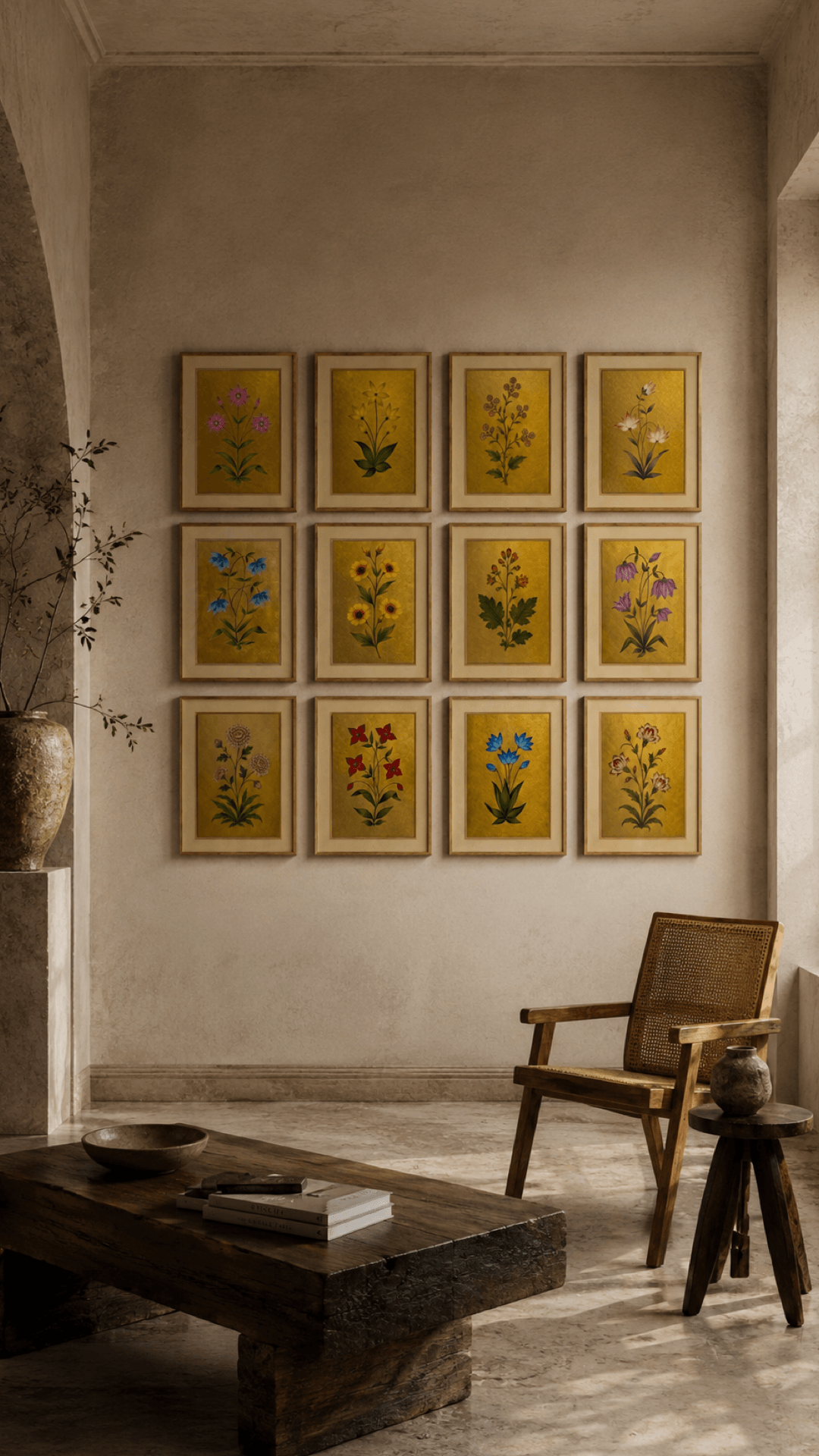 Mughal Flora Gallery Wall | Set of 12 Botanical Miniatures on Gold | Museum-Grade Indian Art for Living Room and Dining - Nakhrro