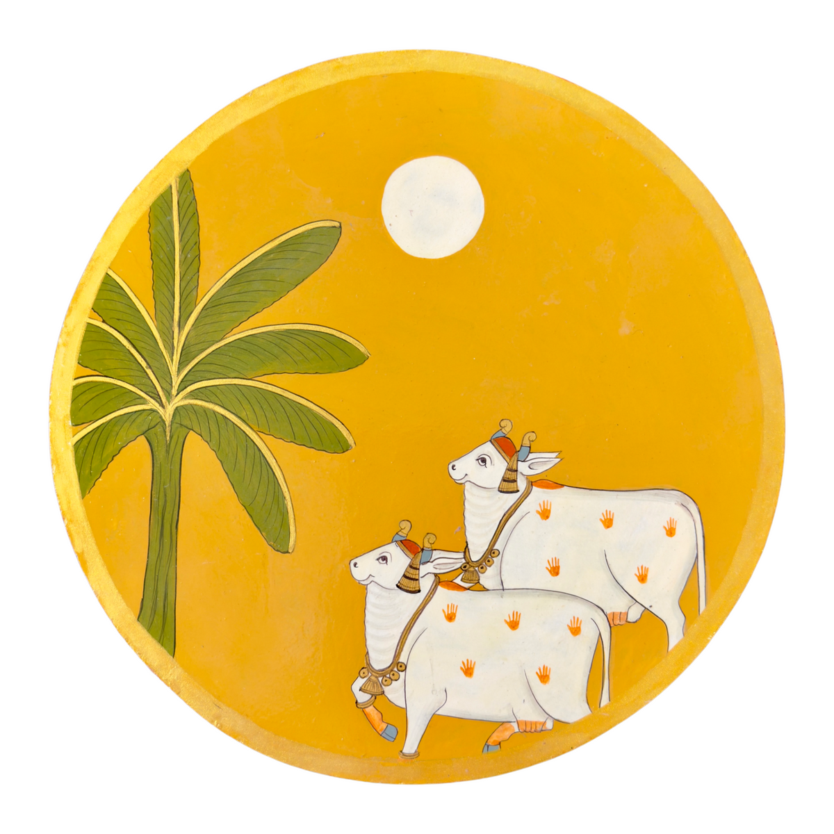 Yellow Kamdhenu Cow Hand Painted Wooden Wall Plate - Nakhrro