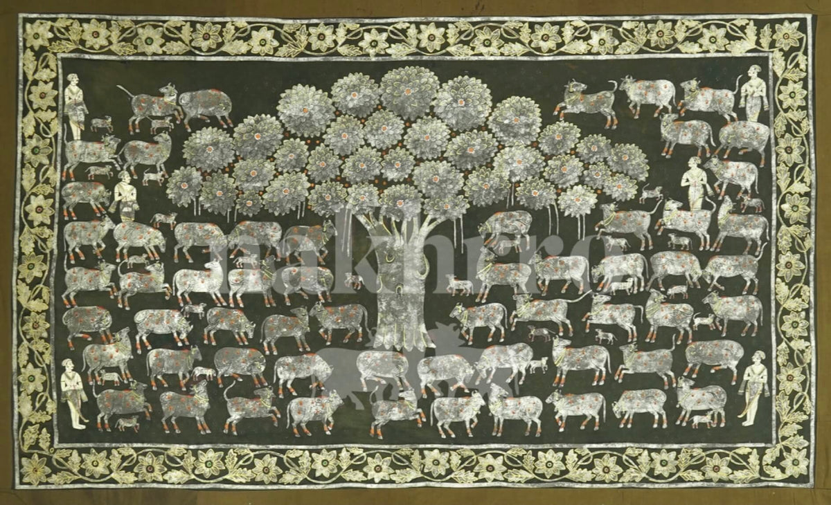 Kamdhenu Under Kalpavriksha (tree of life) Archival Pichwai Art Print