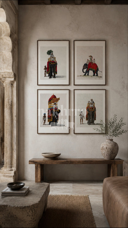 Royal Elephant Procession Set of 4 | Antique Indian Paintings | Museum-Grade Prints for Living Room Gallery Wall - Nakhrro