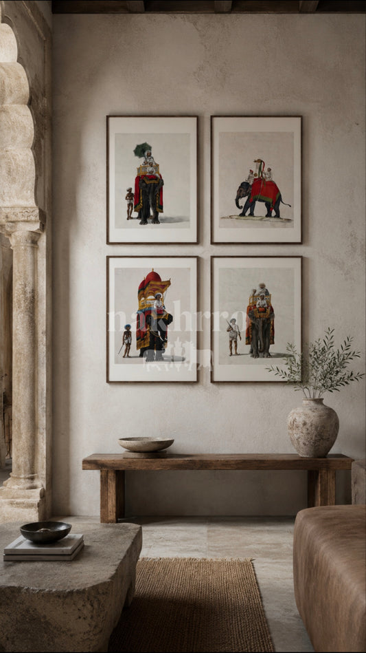 Royal Elephant Procession Set of 4 | Antique Indian Paintings | Museum-Grade Prints for Living Room Gallery Wall