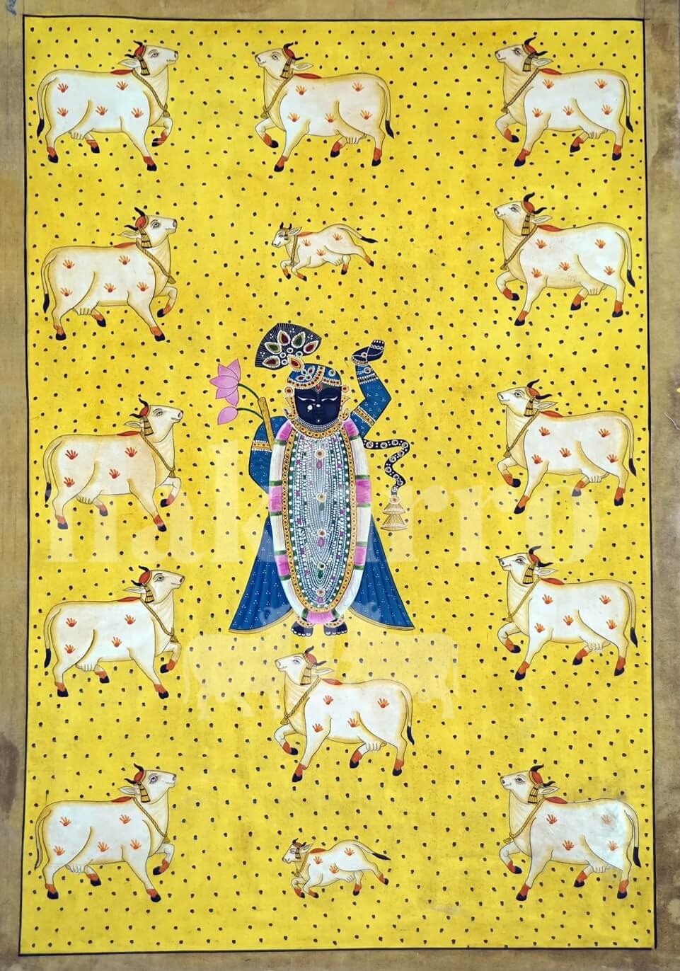 Shrinathji with Sacred Cows – Yellow Pichwai Museum-Grade Art Print