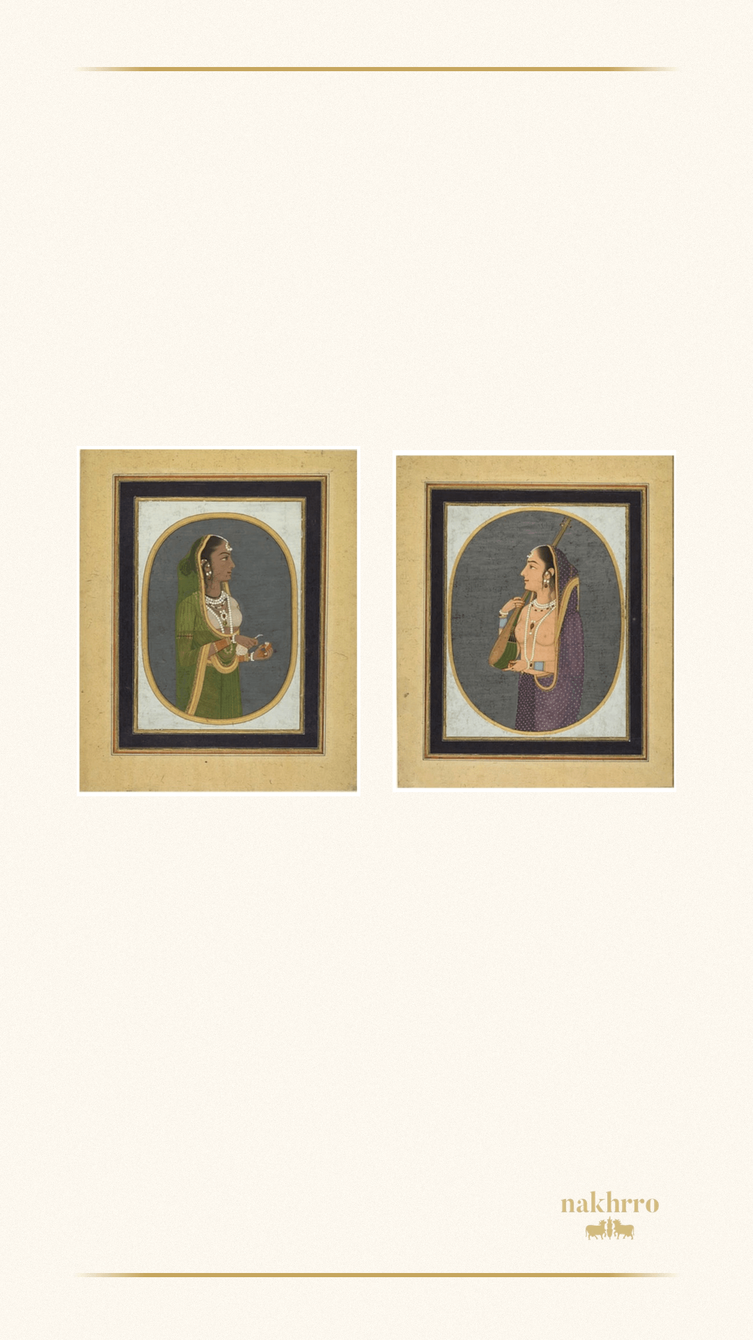 Set of 2 Mughal Court Lady Portraits | Oval Miniature Paintings in Sage and Plum |Museum-Grade Prints for Bedroom and Study - Nakhrro