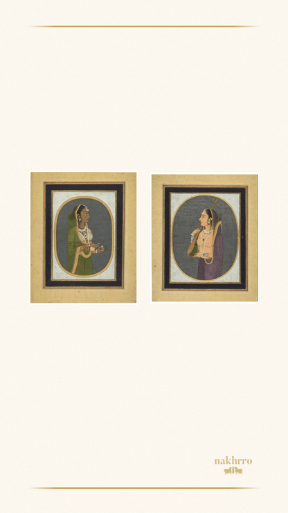 Set of 2 Mughal Court Lady Portraits | Oval Miniature Paintings in Sage and Plum |Museum-Grade Prints for Bedroom and Study - Nakhrro