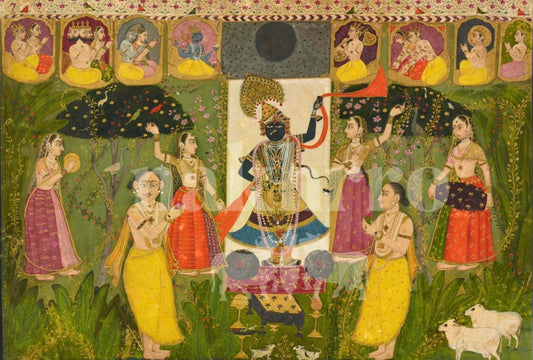 Shrinathji Shringar Darshan with Gopis- Vintage Nathdwara Pichwai Art Print - Nakhrro