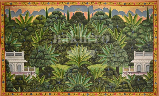 Vrindavan Forest at Dusk- Peacocks & Mughal Pavilions Pichwai Landscape Print - Nakhrro