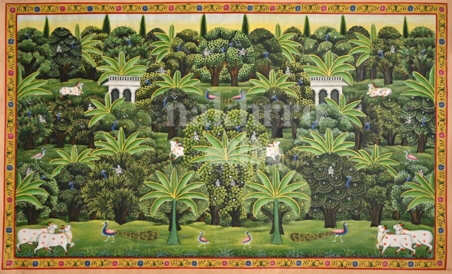 Vrindavan Garden Pichwai- Sacred Cows, Peacocks & Lush Forest Art Print - Nakhrro