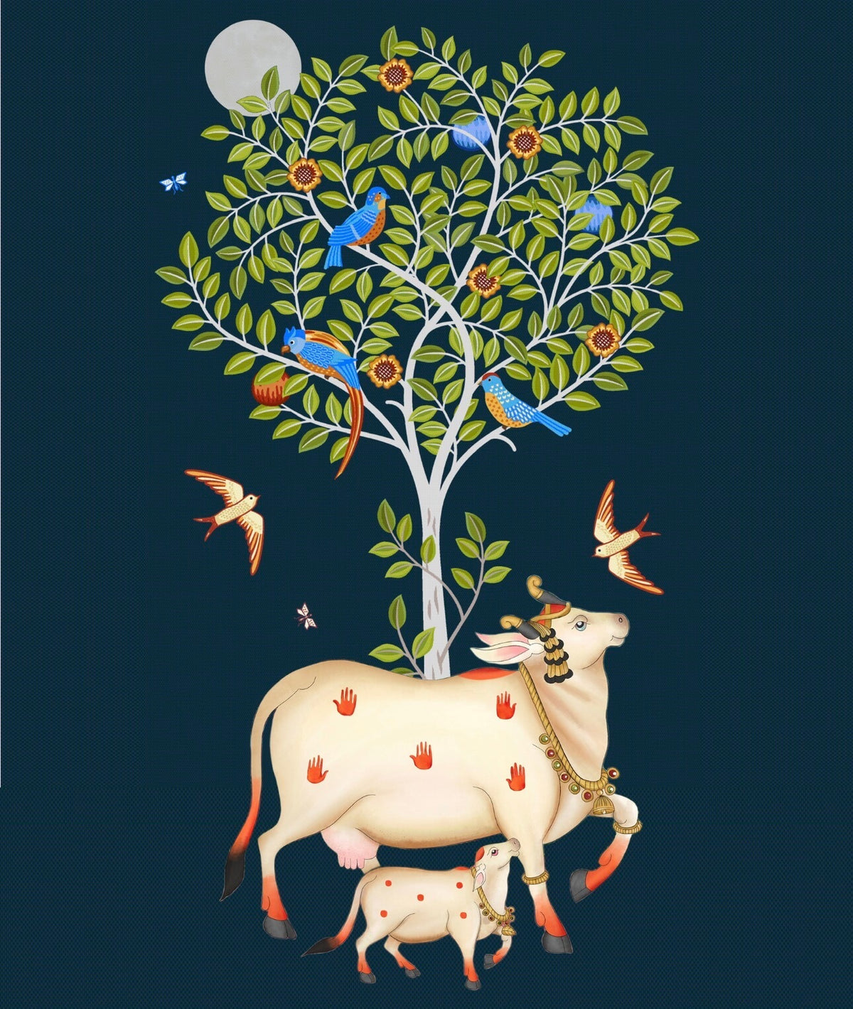 Kamdhenu Sacred Cow & Kalpavriksha Pichwai Art Print (Midnight Teal) - Nakhrro