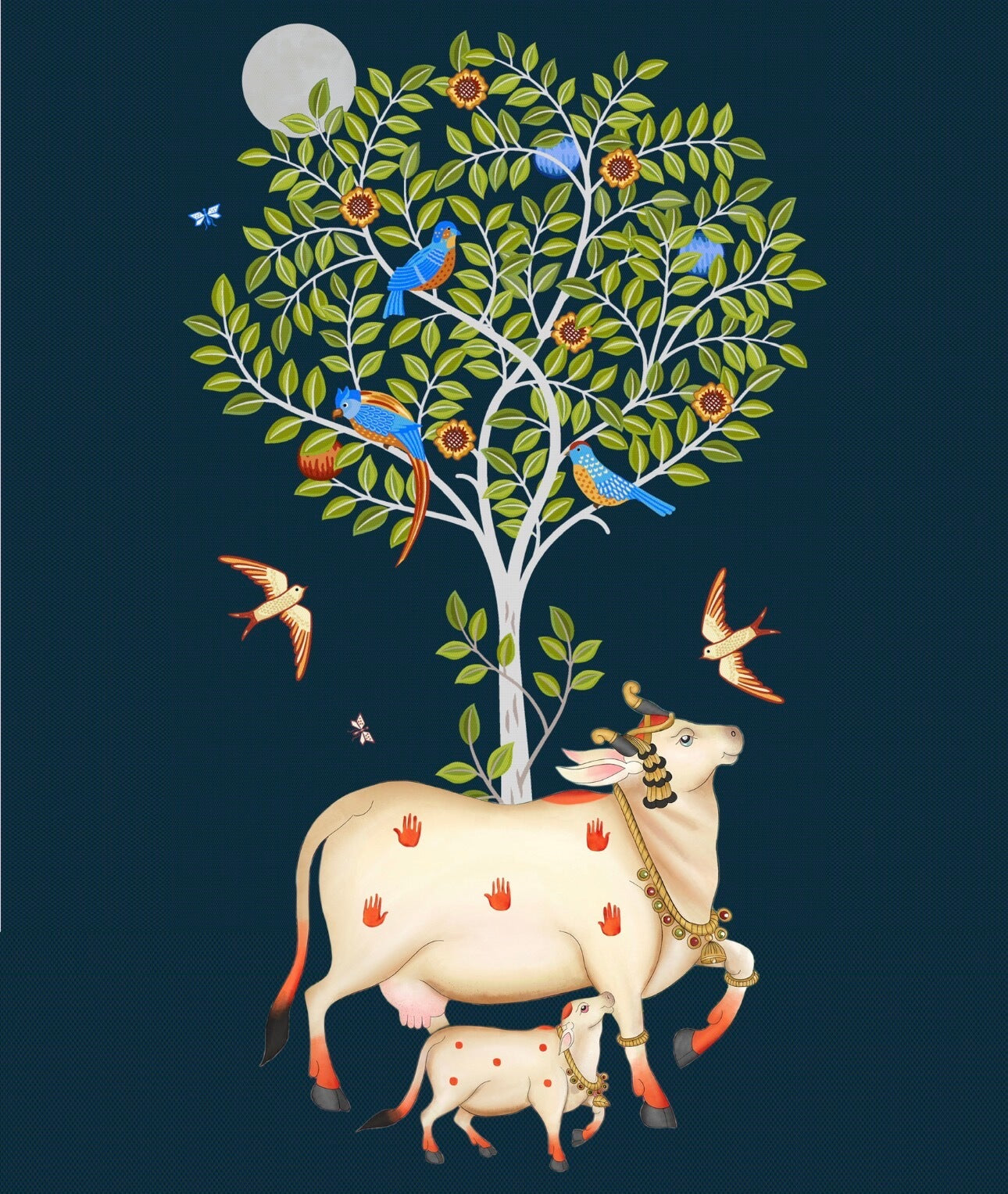 Kamdhenu Sacred Cow & Kalpavriksha Pichwai Art Print (Midnight Teal) - Nakhrro