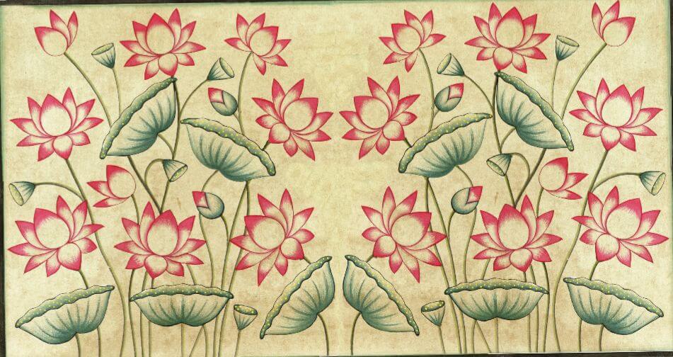 Kamal Talai Green Shaded Pink Lotus Pond Pichwai Art Print - Nakhrro