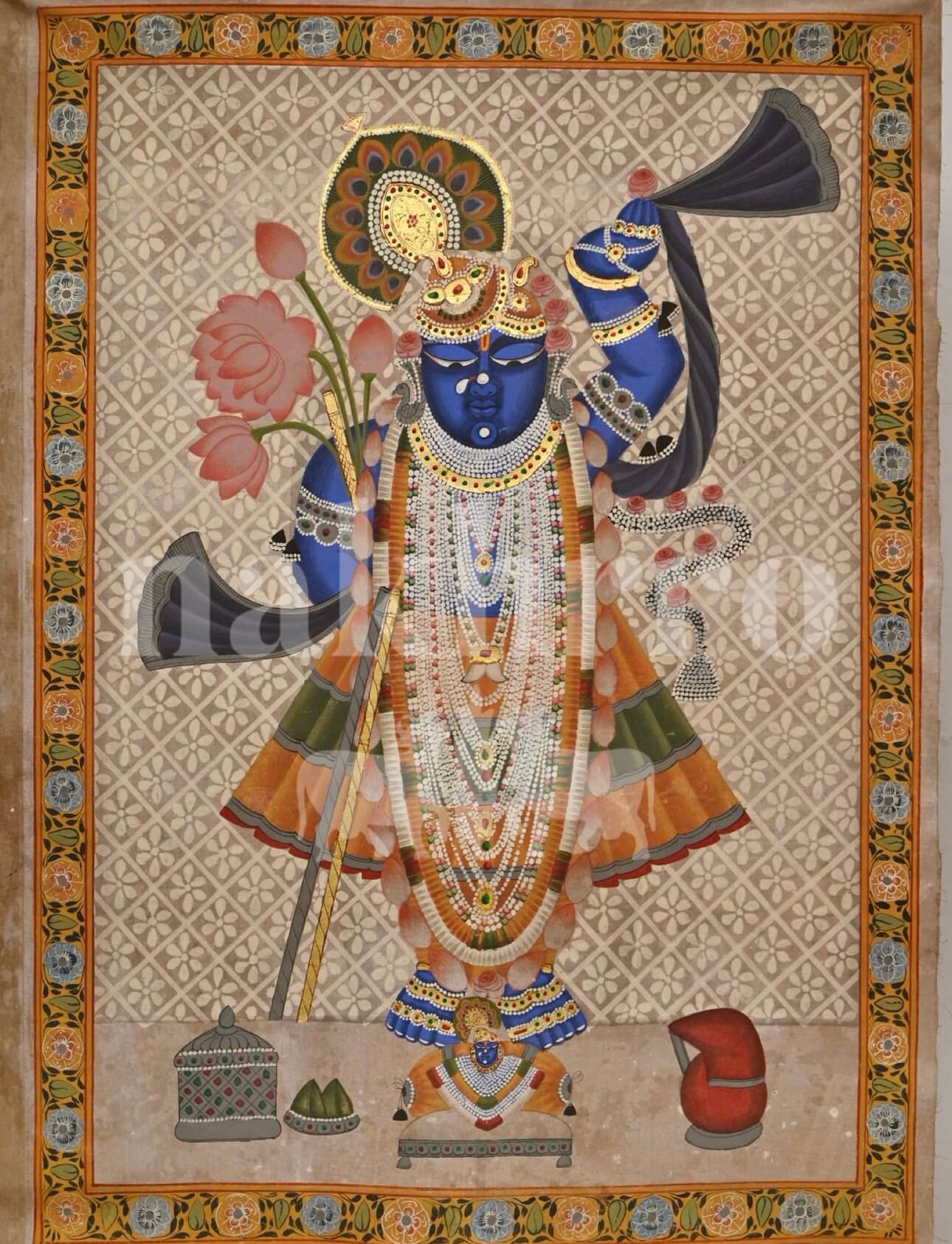 Shrinathji Shringar — Full Figure Pichwai with Lotus & Pearl Garlands - Nakhrro