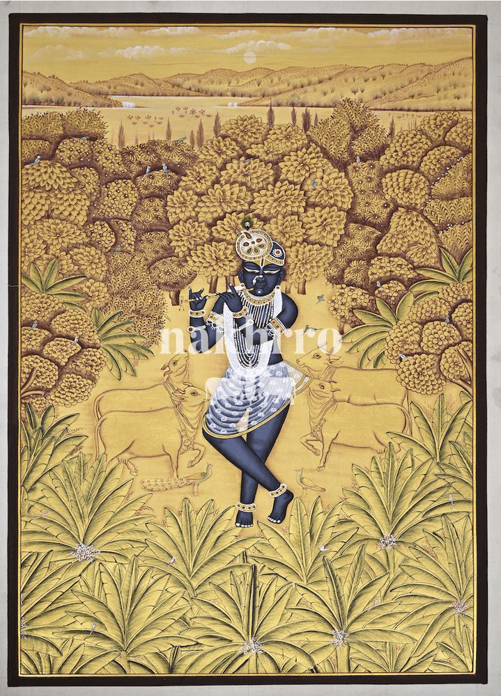 Krishna Venugopal | Gold Pichwai Painting with Cows and Marigold Grove | Museum-Grade Archival Print for Living Room