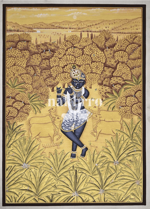 Krishna Venugopal | Gold Pichwai Painting with Cows and Marigold Grove | Museum-Grade Archival Print for Living Room - Nakhrro