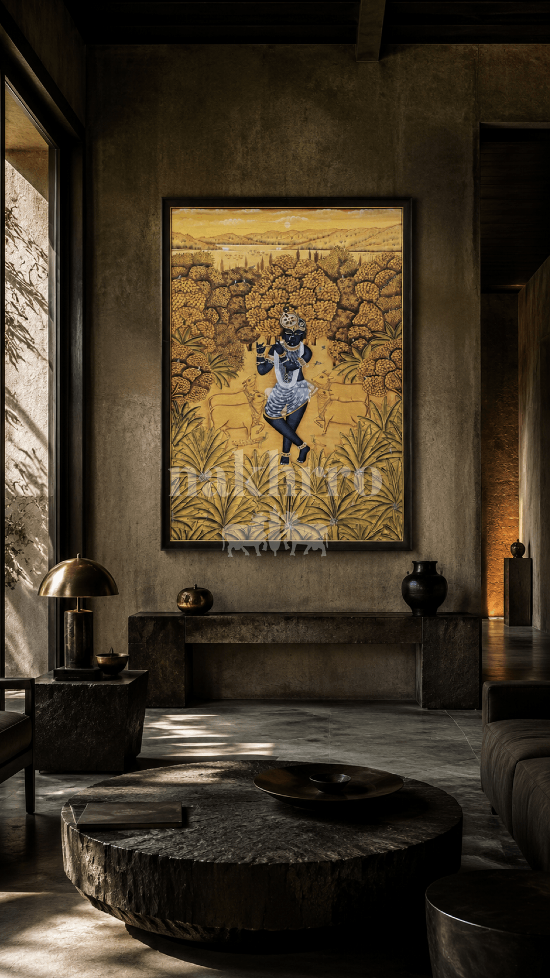 Krishna Venugopal | Gold Pichwai Painting with Cows and Marigold Grove | Museum-Grade Archival Print for Living Room