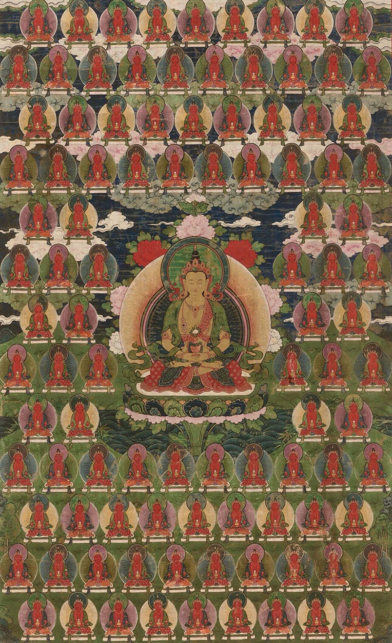 Amitabha & the Hundred Buddhas — Vintage Tibetan Thangka Art Print - Nakhrro