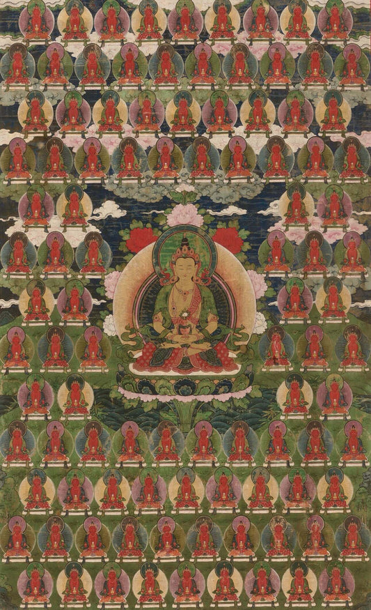 Amitabha & the Hundred Buddhas — Vintage Tibetan Thangka Art Print - Nakhrro