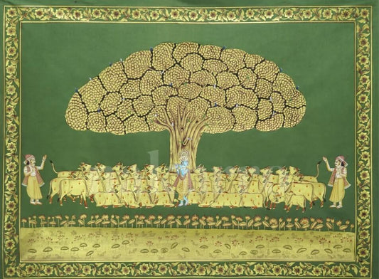 Gopashtami Krishna with Sacred Cows Beneath the Kalpavriksha (Tree of Life) Pichwai Art Print - Nakhrro