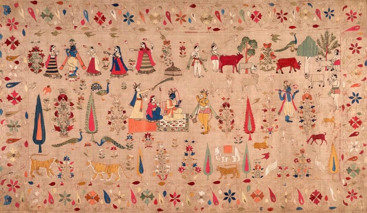Krishna with Gopis, Ram Darbar, Cows & Mughal Florals — Vintage Embroidered Indian Art Print - Nakhrro